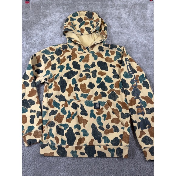 Carhartt Other - Carhartt Kids Camo Hoodie Pullover Sweatshirt Tan Teal Brown Logo Size L 14-16